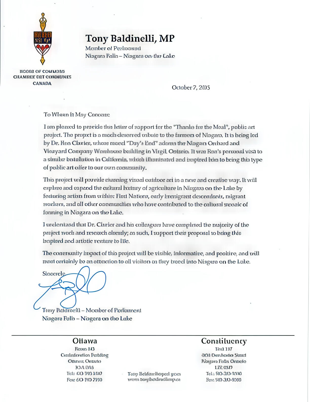Letter from Tony Baldinelli, MP, Niagara Falls & Niagara-on-the-Lake. Letter from Tony Baldinelli, MP, Niagara Falls & Niagara-on-the-Lake.