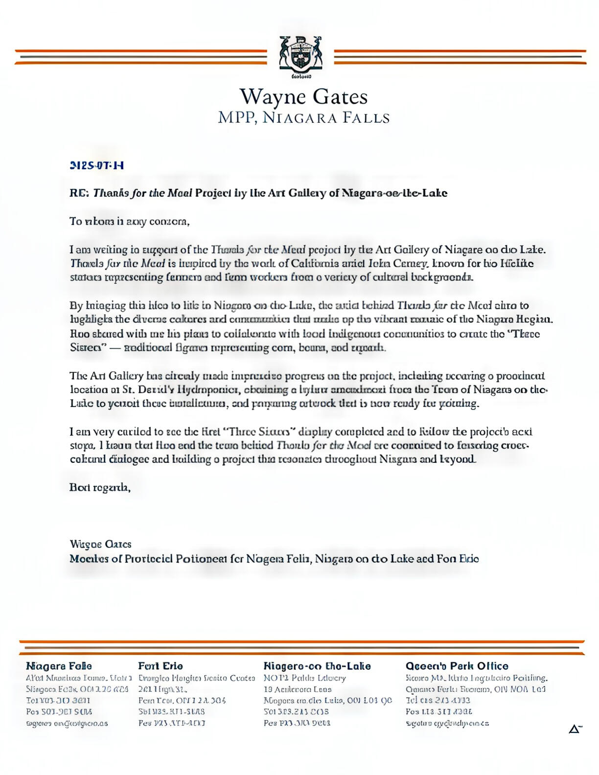 Letter from Wayne Gates, MPP, Niagara Falls. Letter from Wayne Gates, MPP, Niagara Falls.